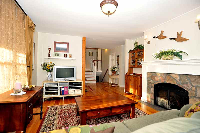 Slate Entry into Living Room w/ Fireplace, New Windows
