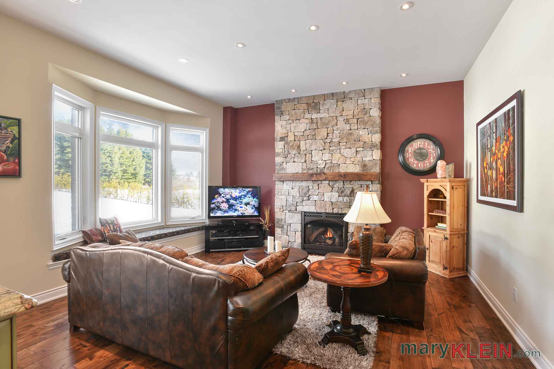 Sunken Family Room, Stacked Stone Fireplace