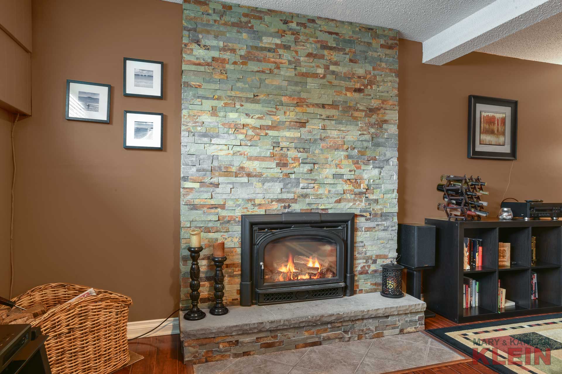 slate stone, wood burning fireplace